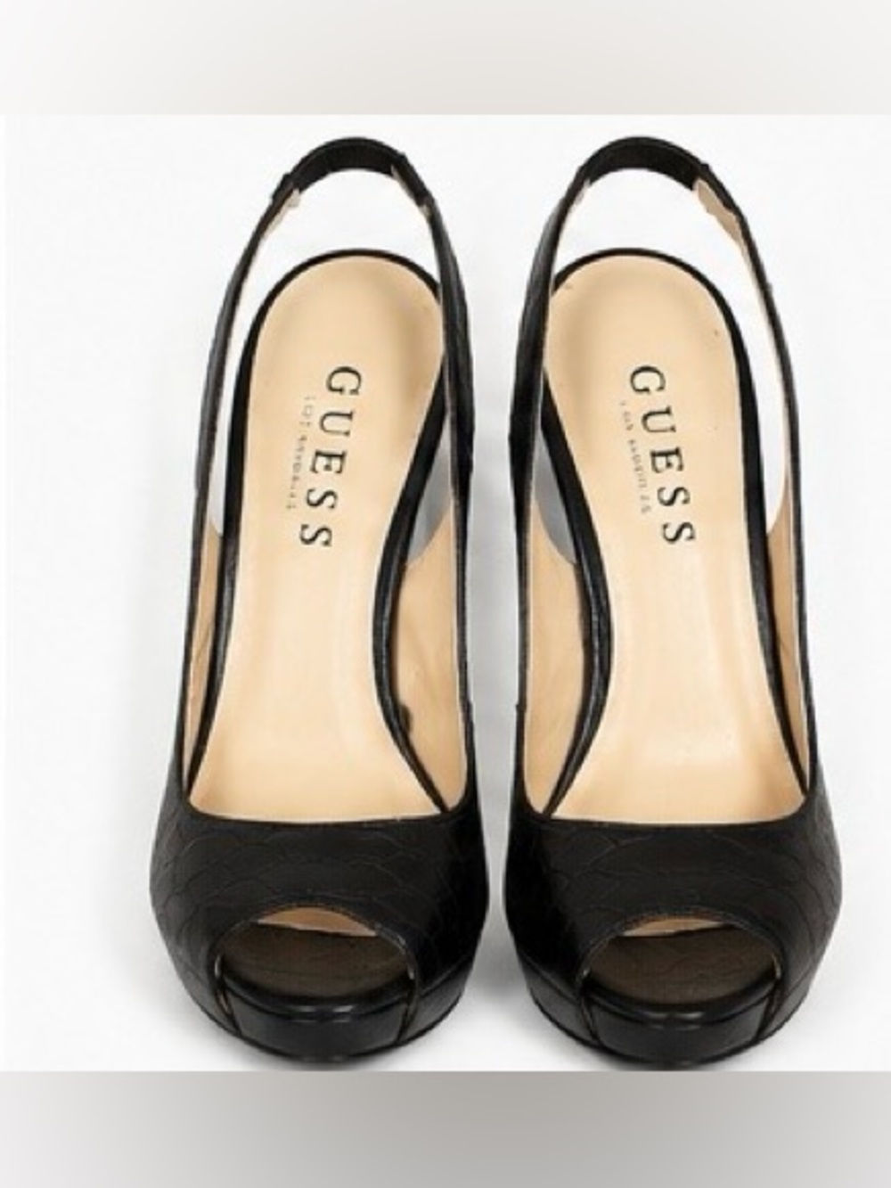 GUESS Black Snakeskin Embossed Peep Toe Platform Slingback Heels Size 6 - Picture 5 of 15